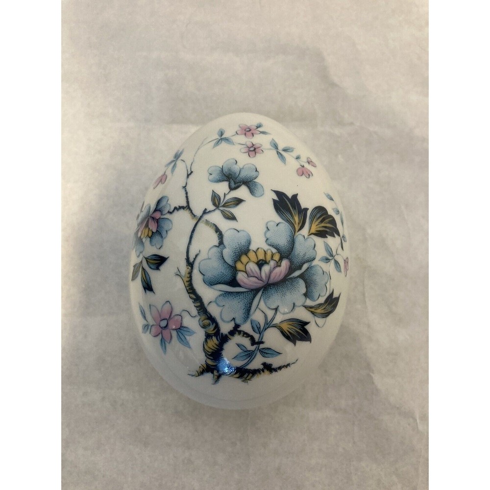 Limoges France Porcelain Egg Shaped Trinket Box Blue Floral 5” - Picture 2 of 7